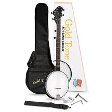Load image into Gallery viewer, Gold Tone AC-1 5-string open back banjo package with padded gig bag, strap, picks, and tools
