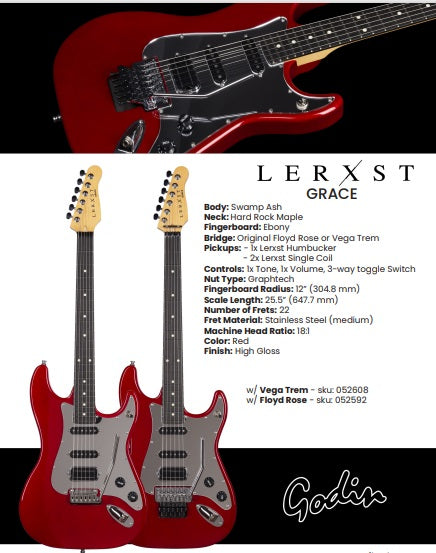 Godin 052592 Lerxst Limelight Alex Lifeson Signature Electric Guitar - Red with Floyd Rose - #26