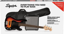 Charger l&#39;image dans la galerie, Squier Affinity Series™ Precision Bass® PJ Pack, Laurel Fingerboard, 3-Color Sunburst, Gig Bag, Rumble 15 - 120V - See Description
