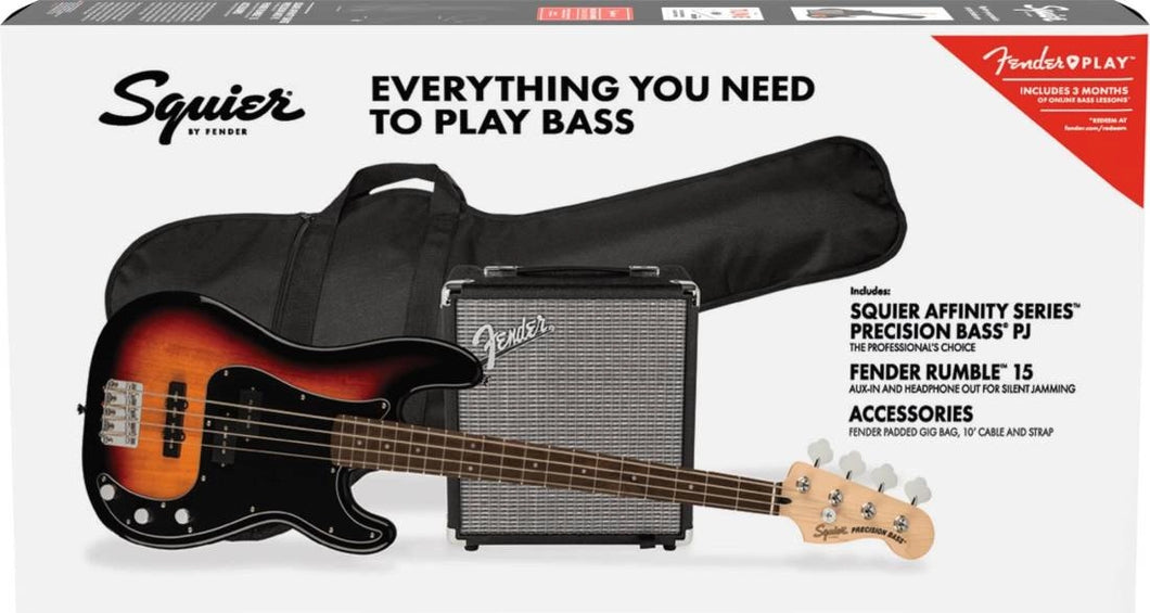 Squier Affinity Series™ Precision Bass® PJ Pack, Laurel Fingerboard, 3-Color Sunburst, Gig Bag, Rumble 15 - 120V - See Description