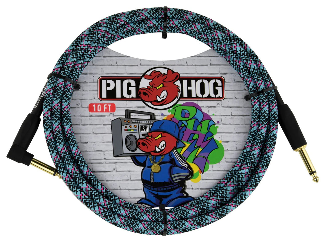 Pig Hog Blue Graffiti - CÂBLE D'INSTRUMENT À ANGLE DROIT DE 10 PI