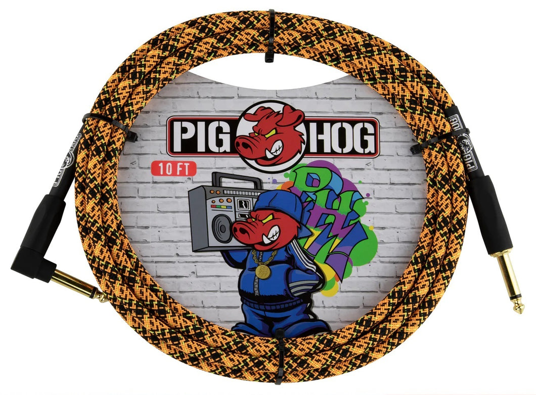 Pig Hog Orange Graffiti - Câble d'instrument à angle droit de 10 pieds