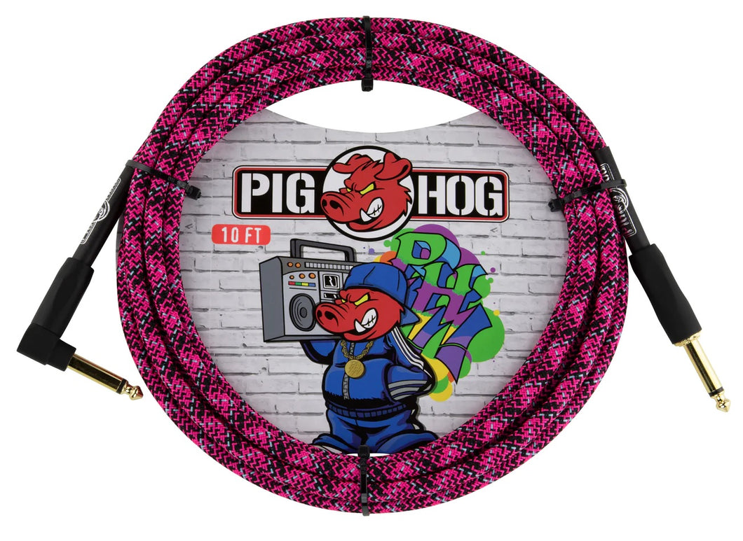 Pig Hog Pink Graffiti - Câble d'instrument à angle droit de 10 pieds