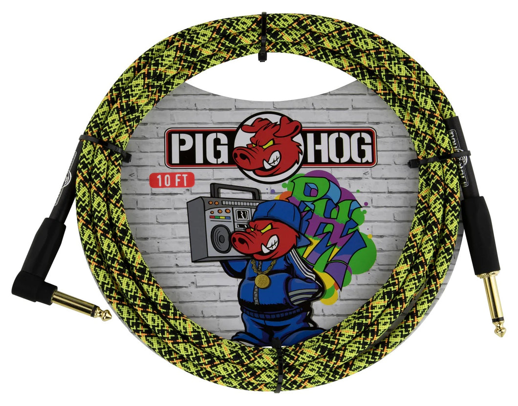 Pig Hog Yellow Graffiti - Câble d'instrument à angle droit de 10 pieds