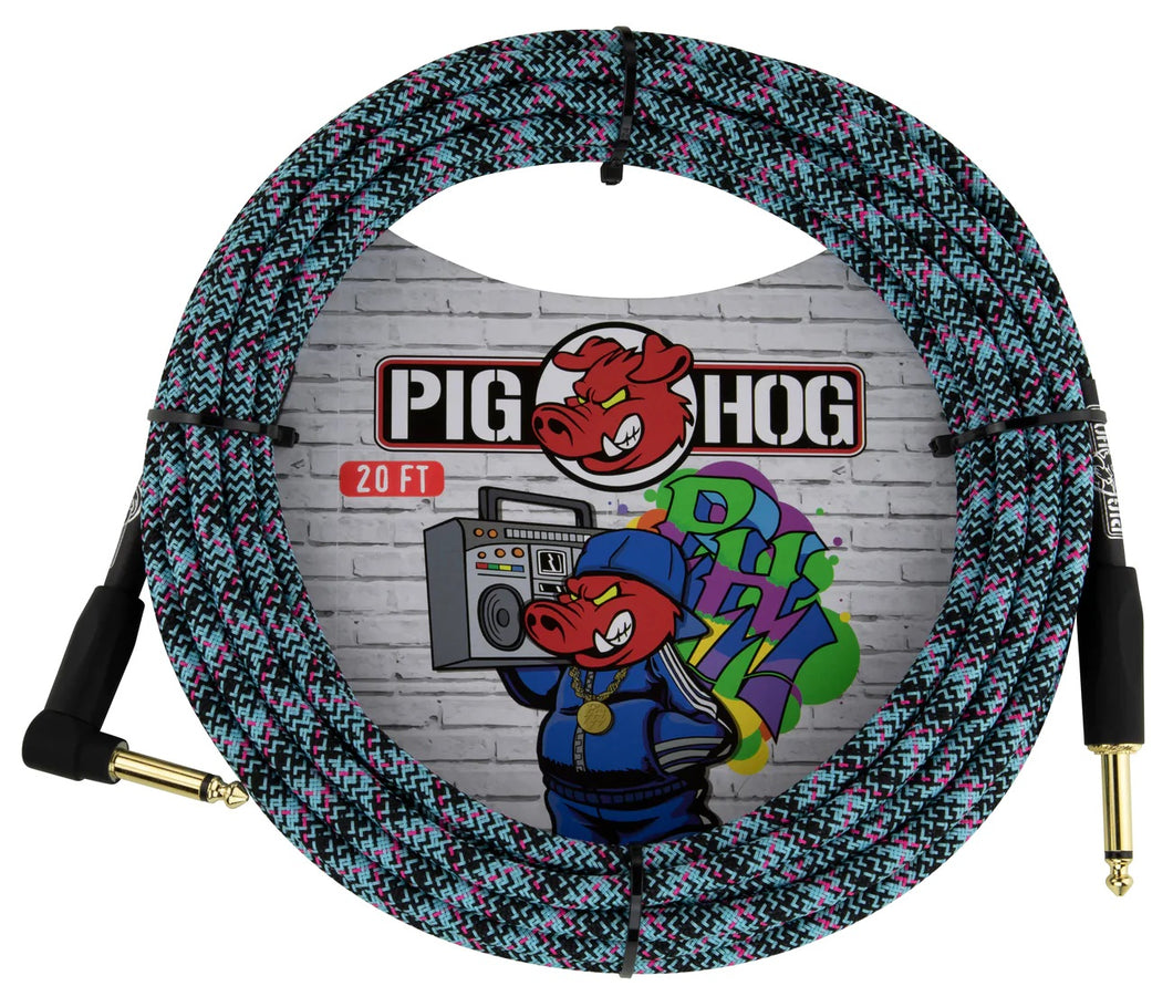 Pig Hog Blue Graffiti - Câble d'instrument à angle droit de 20 pieds