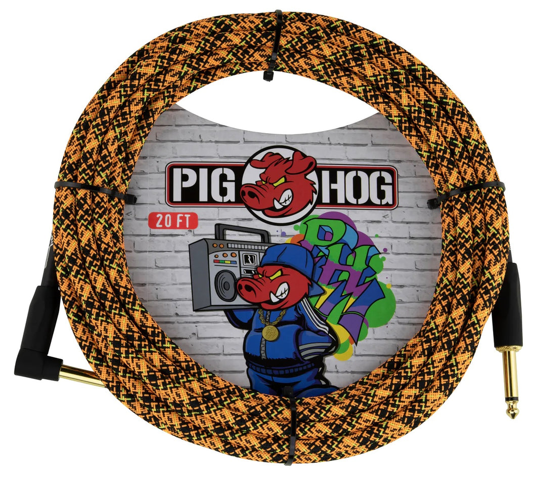 Pig Hog Orange Graffiti - Câble d'instrument à angle droit de 20 pieds