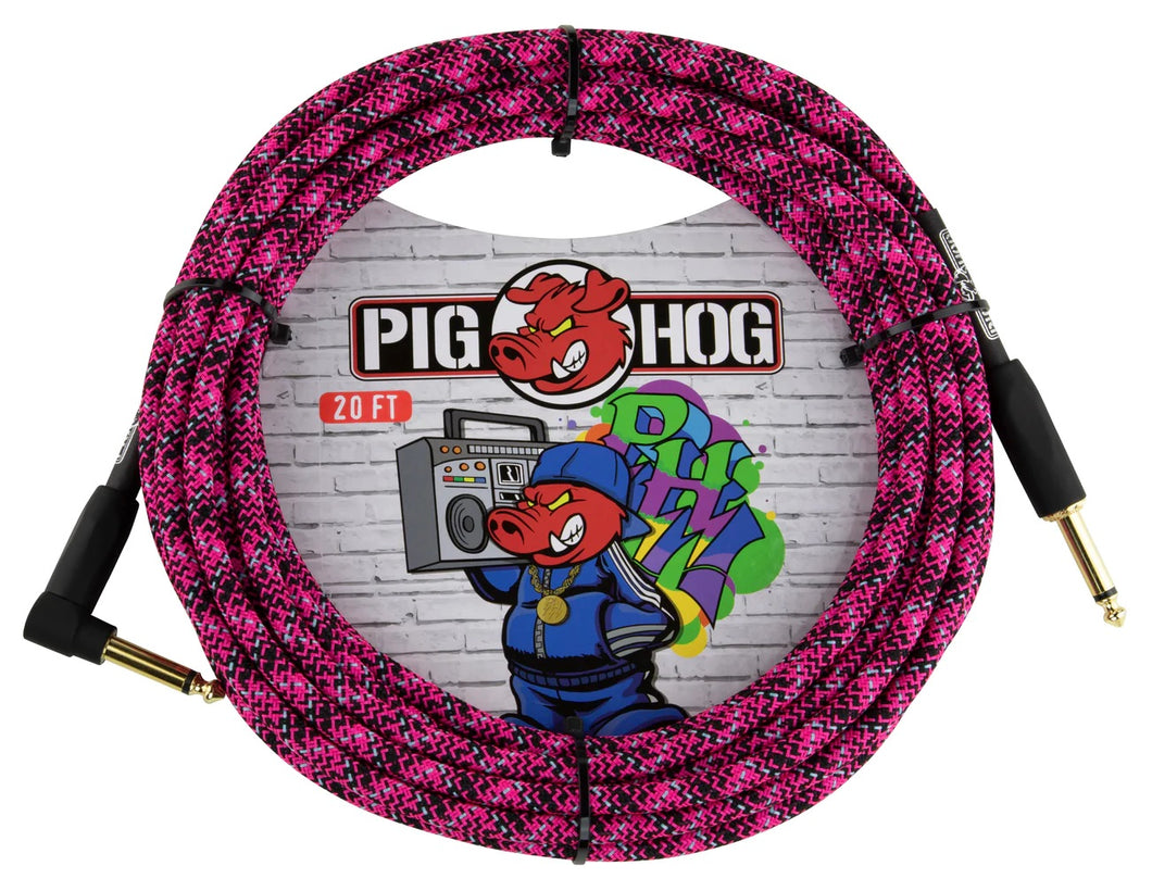 Pig Hog Pink Graffiti - Câble d'instrument à angle droit de 20 pieds