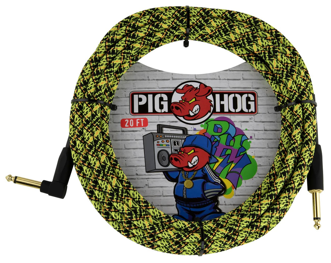 Pig Hog Yellow Graffiti - Câble d'instrument à angle droit de 20 pieds