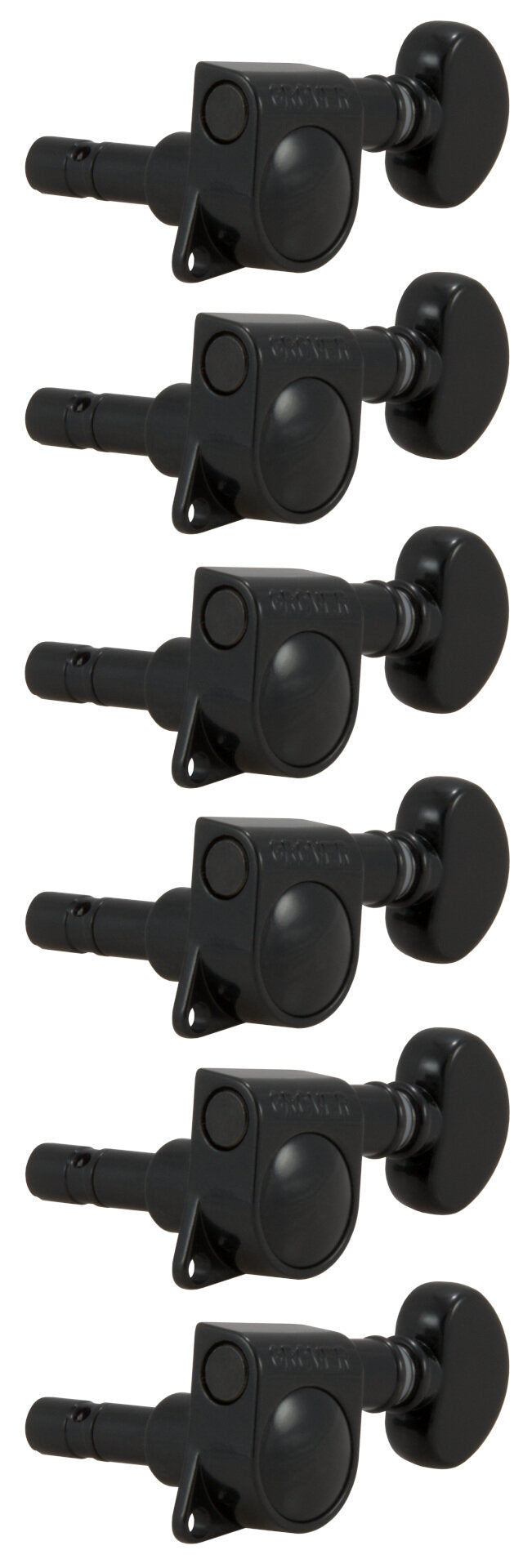 Grover 406BC6 Mini Rotomatics verrouillables avec bouton rond - Mécaniques pour guitare, 6 en ligne, côté basse (gauche) - Noir chromé 