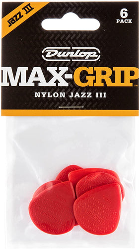 Dunlop 471P3N Max Grip Jazz III Nylon Guitar Picks, Red, 6-Pack-(6922523705538)