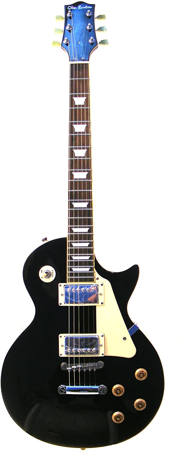 Glen Burton Guitare électrique classique de style Les Paul, noire avec protection de médiator beige 