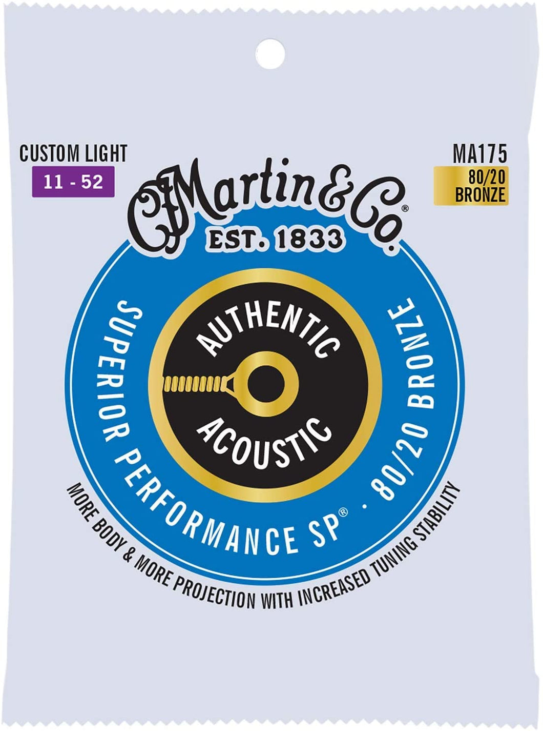 MARTIN MA175 CUSTOM LIGHT 11 - 52 BRONZE 80/20 AUTHENTIC ACOUSTIC SUPERIOR PERFORMANCE SP® GUITAR STRINGS