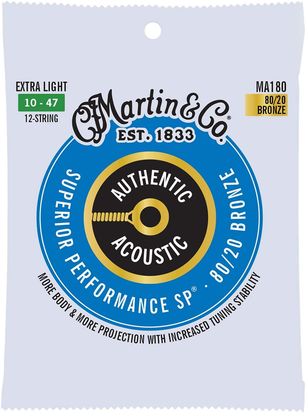 MARTIN MA180 EXTRA LIGHT 10 - 47 BRONZE 80/20 12 CORDES ACOUSTIQUE AUTHENTIQUE PERFORMANCE SUPÉRIEURE SP® CORDES DE GUITARE