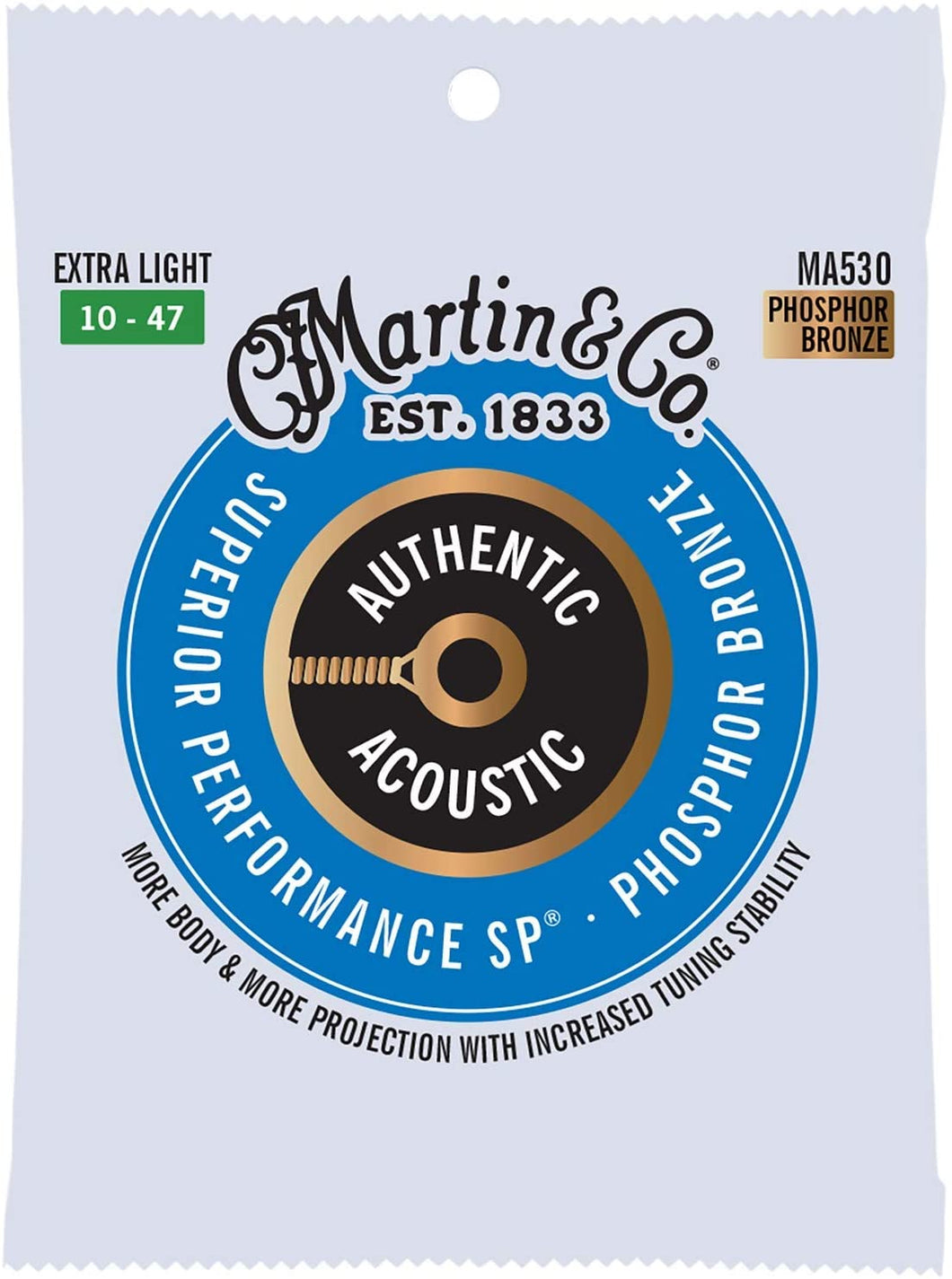 MARTIN MA530 EXTRA LIGHT 10 - 47 PHOSPHOR BRONZE AUTHENTIC ACOUSTIC SUPERIOR PERFORMANCE SP® GUITAR STRINGS