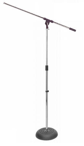 Round Base Microphone Stand with Boom Arm & Clip - Chrome