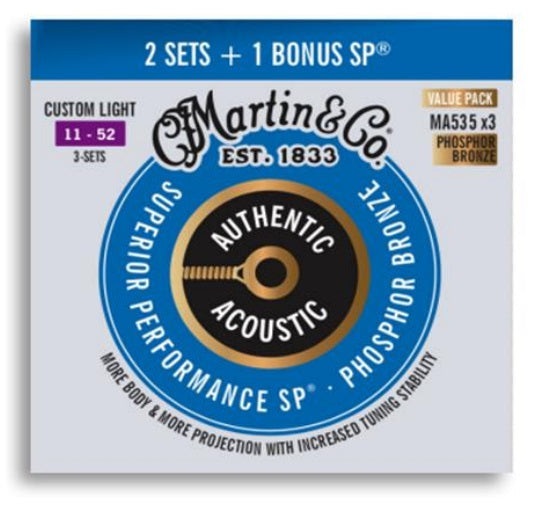 Martin MA535 x 3 Promo Pack CUSTOM LIGHT 11 - 52 PHOSPHOR BRONZE AUTHENTIC ACOUSTIC SUPERIOR PERFORMANCE SP® GUITAR STRINGS 2 Sets + 1 Bonus Set