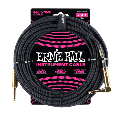 ERNIE BALL 25' BRAIDED STRAIGHT / ANGLE INSTRUMENT CABLE - BLACK P06058-(6704907026626)