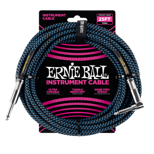 ERNIE BALL 25' BRAIDED STRAIGHT / ANGLE INSTRUMENT CABLE - BLACK / BLUE P06060-(6710048915650)