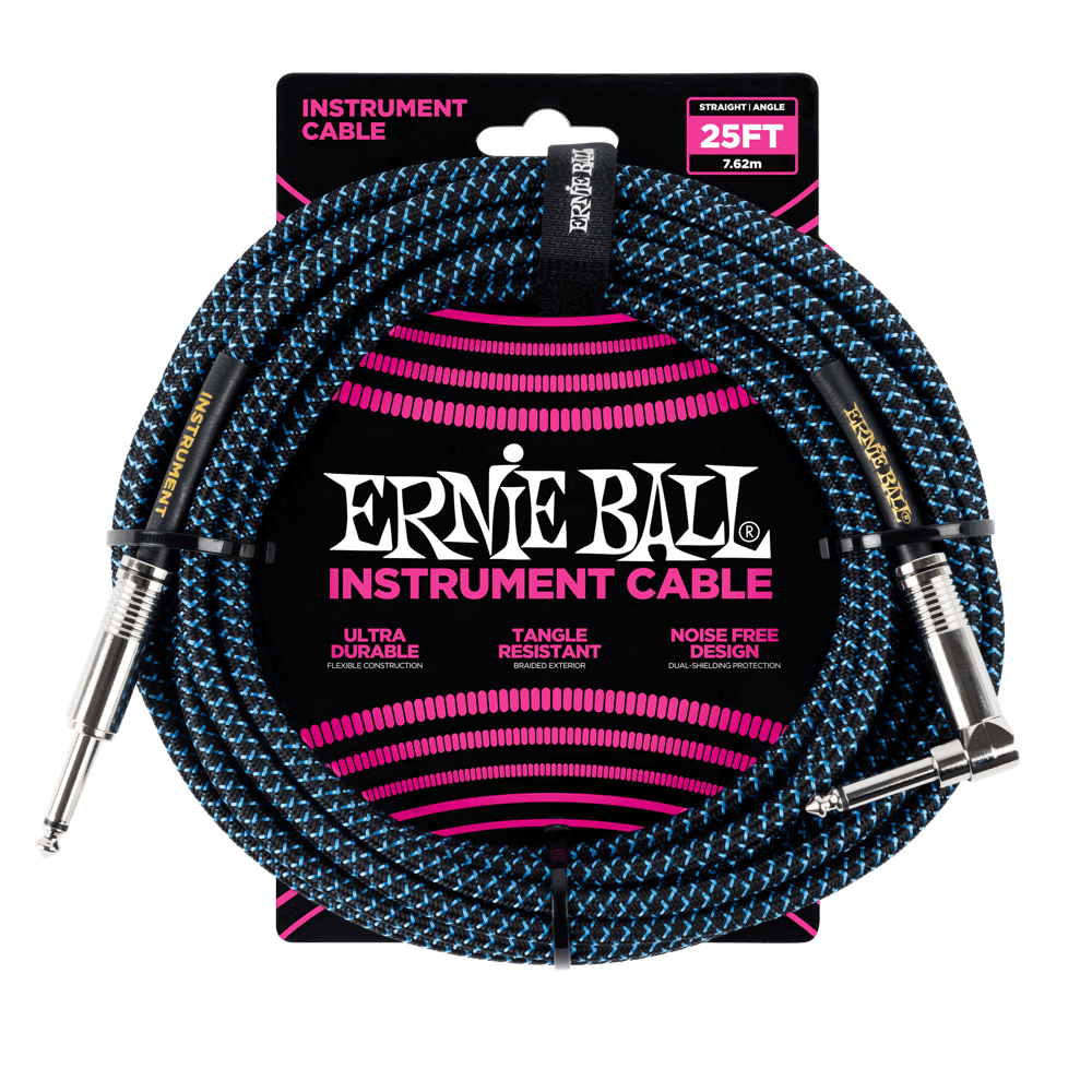 ERNIE BALL 25' BRAIDED STRAIGHT / ANGLE INSTRUMENT CABLE - BLACK / BLUE P06060-(6710048915650)