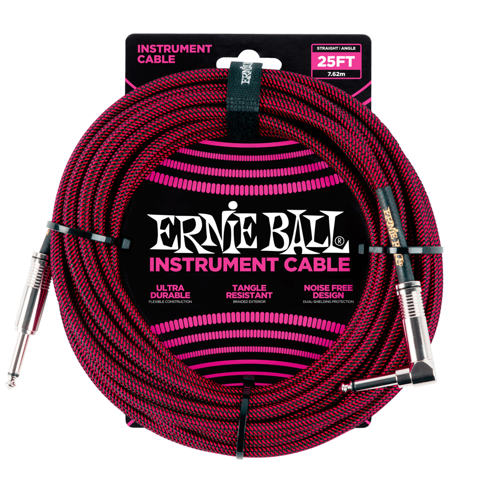 ERNIE BALL 25' BRAIDED STRAIGHT / ANGLE INSTRUMENT CABLE - BLACK / RED P06062-(6710050259138)