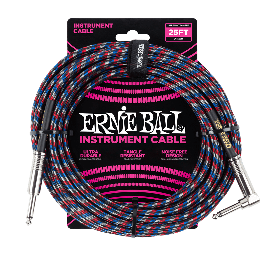 ERNIE BALL 25' BRAIDED STRAIGHT / ANGLE INSTRUMENT CABLE - BLACK / RED / BLUE / WHITE P06063-(6710051045570)