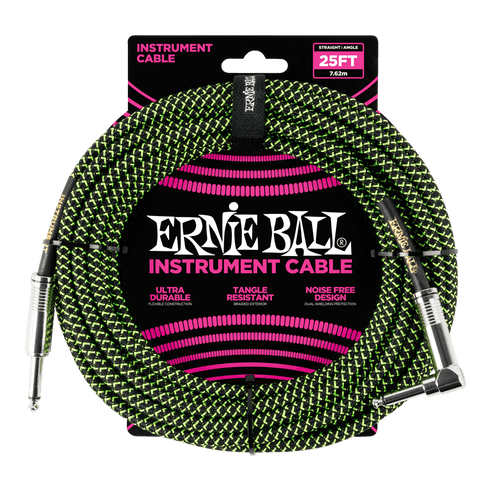ERNIE BALL 25' BRAIDED STRAIGHT / ANGLE INSTRUMENT CABLE - BLACK / GREEN P06066-(6710062514370)