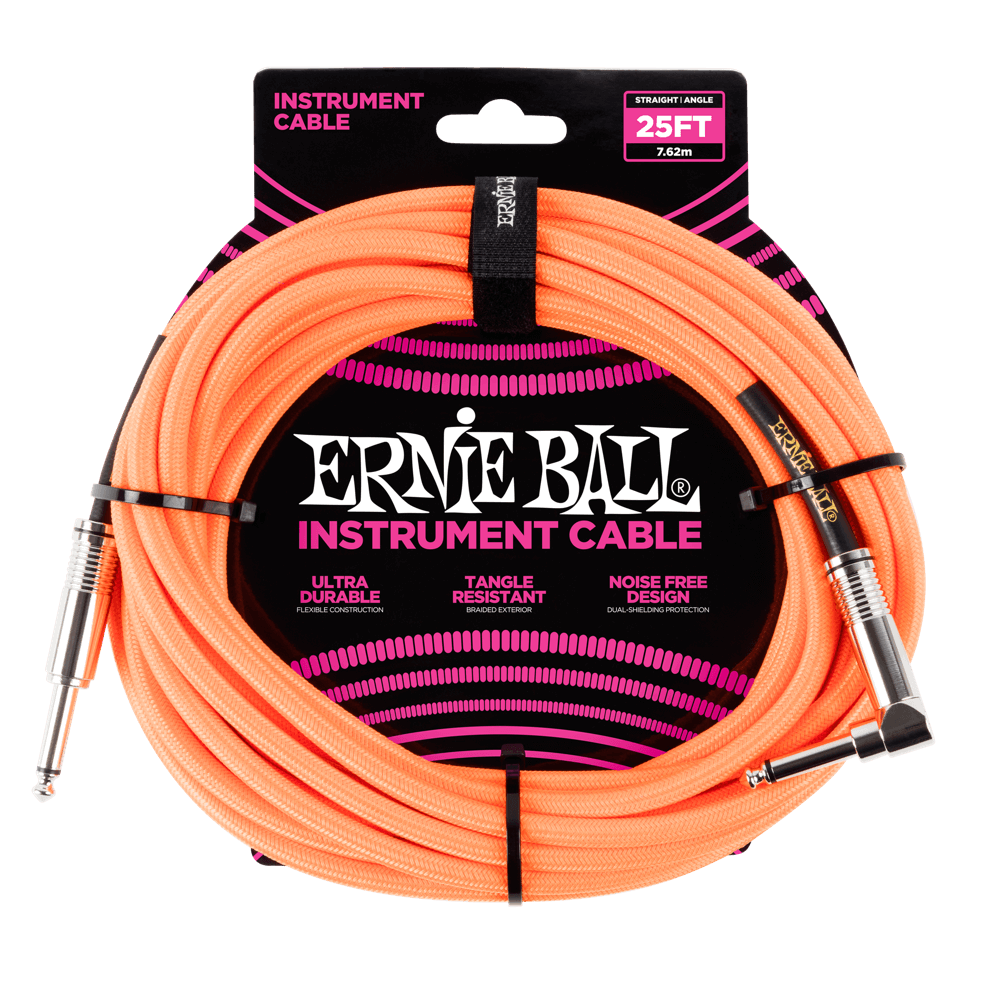 ERNIE BALL 25' BRAIDED STRAIGHT / ANGLE INSTRUMENT CABLE - NEON ORANGE P06067-(6710063759554)