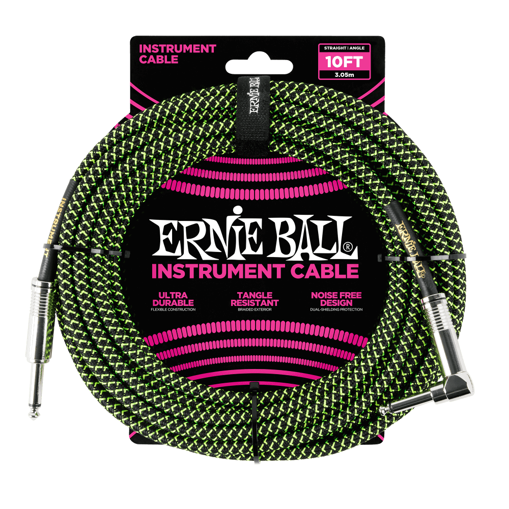 ERNIE BALL 10' BRAIDED STRAIGHT / ANGLE INSTRUMENT CABLE - BLACK / GREEN P06077