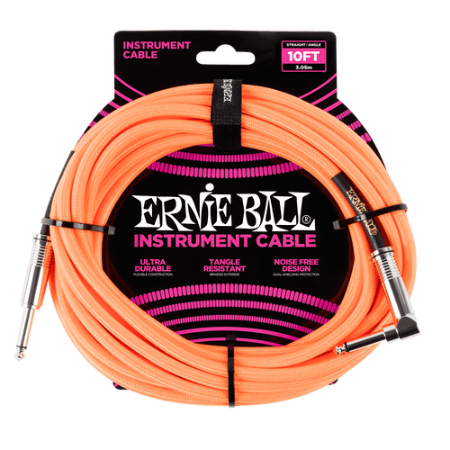 ERNIE BALL 10' BRAIDED STRAIGHT / ANGLE INSTRUMENT CABLE - NEON ORANGE P06079-(6704879141058)