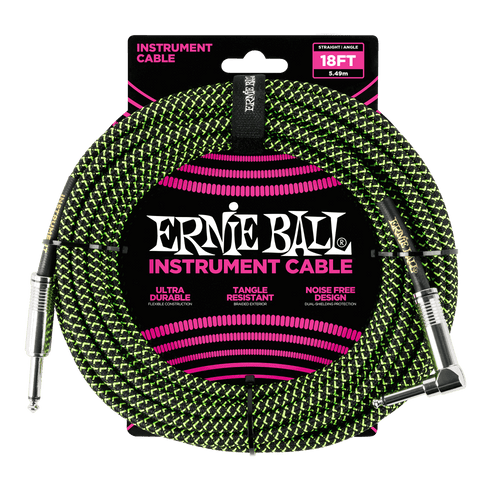 ERNIE BALL 18' BRAIDED STRAIGHT / ANGLE INSTRUMENT CABLE - BLACK / GREEN P06082-(6704898048194)