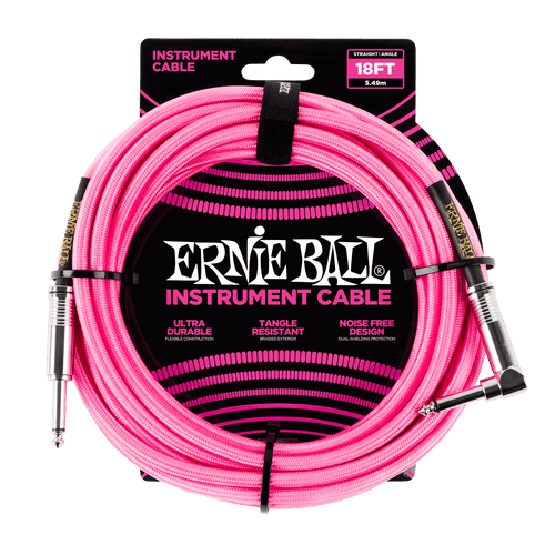 ERNIE BALL 18' BRAIDED STRAIGHT / ANGLE INSTRUMENT CABLE - NEON PINK P06083-(6704896311490)
