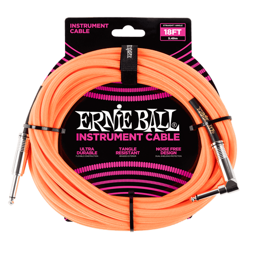 ERNIE BALL 18' BRAIDED STRAIGHT / ANGLE INSTRUMENT CABLE - NEON ORANGE P06084-(6704894902466)