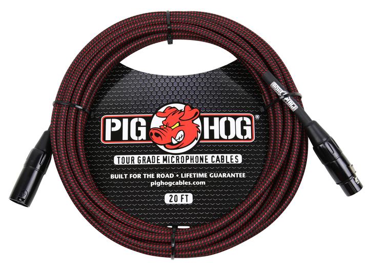 PIG HOG BLACK & RED WOVEN MIC CABLE, 20FT XLR