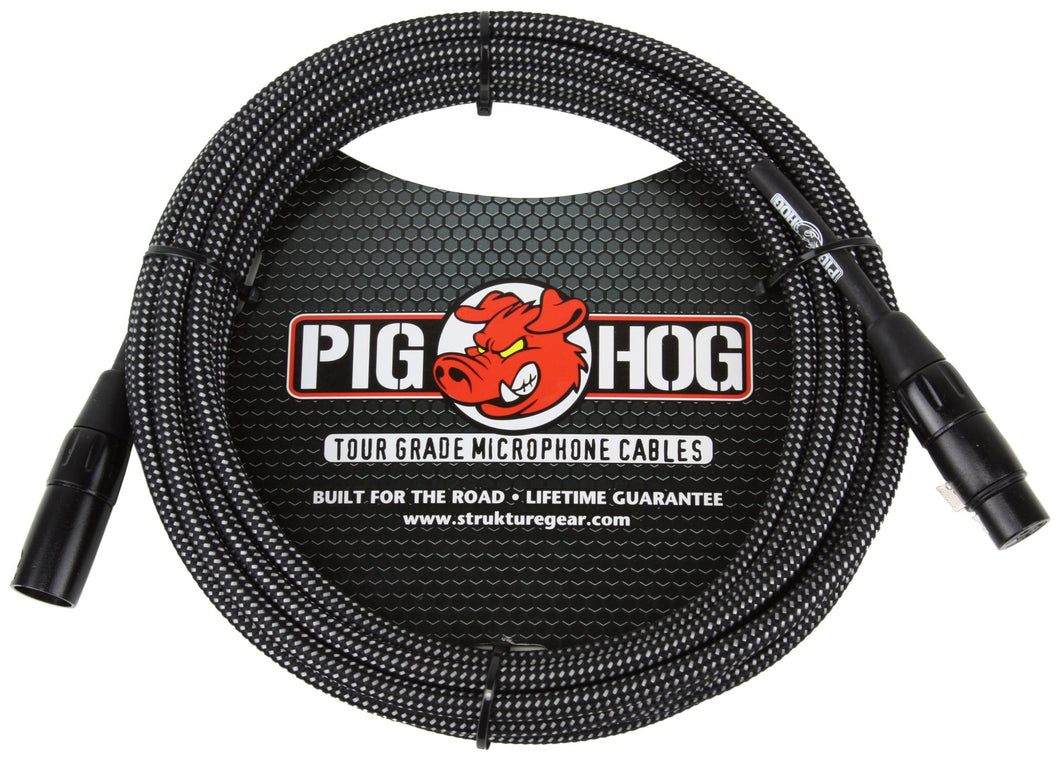 PIG HOG BLACK & WHITE WOVEN MIC CABLE, 30FT XLR
