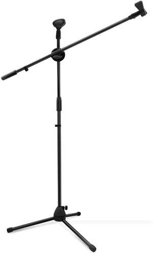 Tripod boom microphone stand with tripod base and two mic clips black adjustable